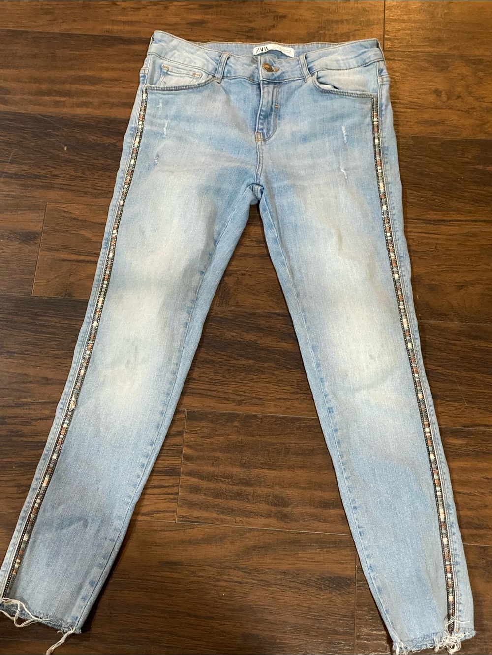 Zara Light Blue Skinny Jeans with Beaded Side Trim